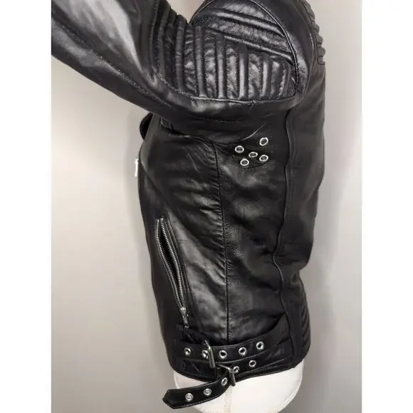 Genuine soft sheepskin leather black ribbed buckle moto jacket - Picture 4 of 10